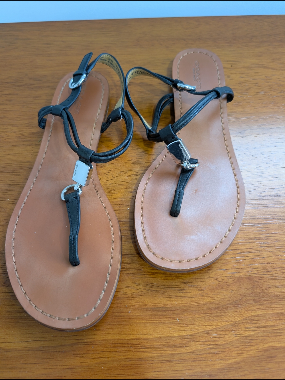 Coach  "Charleen" Black Leather T-Strap Sandals with Silver Hardware
